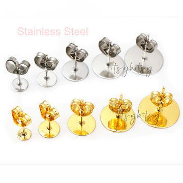 20pcs (10pairs), 3/4/5/6/8/10mm, 316 Stainless Steel / Surgical Grade Steel Flat Round Blank Peg Ear Stud Components with ear backs, in Gold